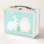 Lunch Box Joyeux lapin, oeuf et fleurs sur bleu clair (Devant)