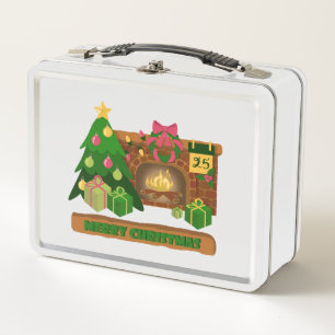 Lunch Box Joyeux Noël près de la cheminée feu de bois arbre