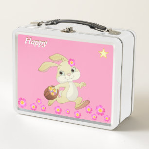 Lunch Box Lapin heureux mignon, fleurs et étoile sur rose