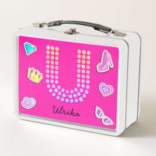 Lunch Box Lettre Rose Chaud U Monogramme Girly Retour À L'Éc (Devant)