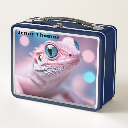 Lunch Box Lézard rose avec yeux bleus (Devant)