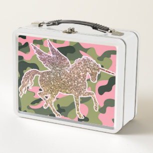 Lunch Box Licorne Camouflage Vert Rose & Paillettes Dorées