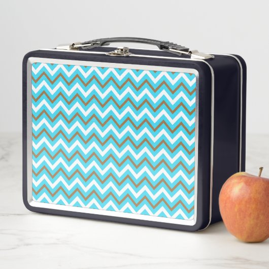 Lunch Box Lignes géométriques bleues marron blanches en zig (En situation)
