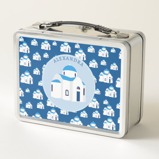 Lunch Box L'île grecque Santorin Blue Dome Eglise Monogramme (Dos)