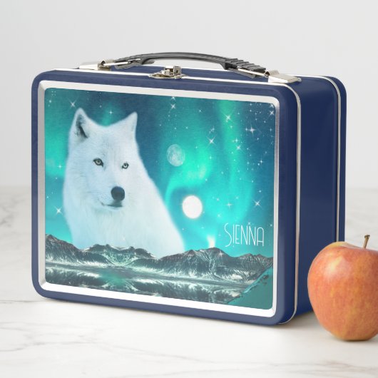 Lunch Box Loup arctique et nuit magique avec aurores boréale (En situation)