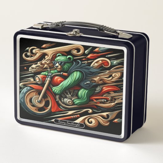 Lunch Box L'ours en gras roule sur une moto avec style (Devant)