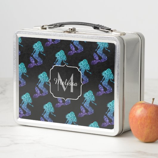 Lunch Box Mermaid aqua blue ombre Sparkles pattern Monogram (En situation)