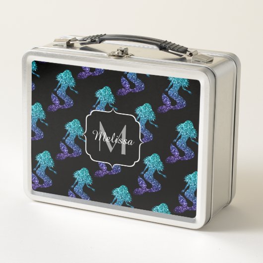Lunch Box Mermaid aqua blue ombre Sparkles pattern Monogram (Devant)