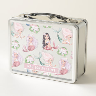 Lunch Box Mermaid Girly Moderne Aquarelle Nom personnalisé
