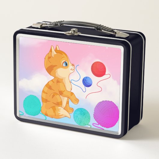 Lunch Box met witte wolken roze, blauw, (Voorkant)