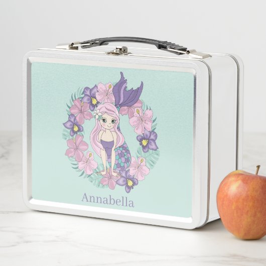 Lunch Box mignon filles plage mermaid ajouter nom (En situation)