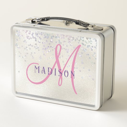 Lunch Box Monogram Pink Script Girl's Silver Pearl Glitter (Dos)