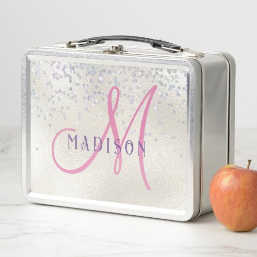 Lunch Box Monogram Pink Script Girl's Silver Pearl Glitter (En situation)