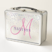Lunch Box Monogram Pink Script Girl's Silver Pearl Glitter (Devant)