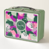 Lunch Box Monogramme Abstrait de peinture verte et violette (Devant)