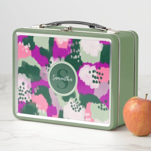 Lunch Box Monogramme Abstrait de peinture verte et violette (En situation)