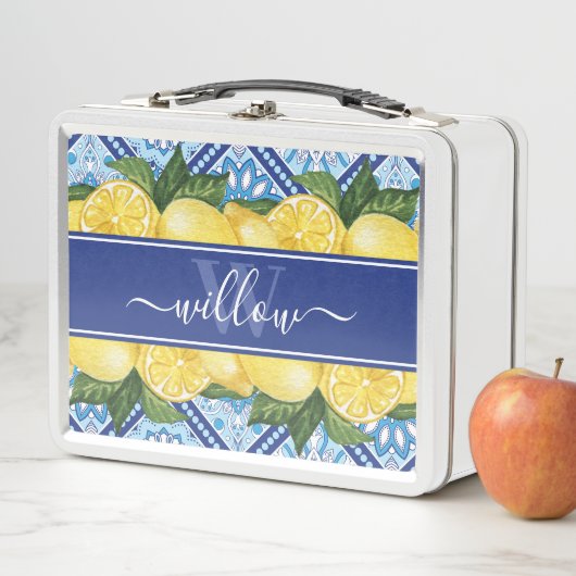 Lunch Box Monogramme arrière en carreaux bleu citron (En situation)