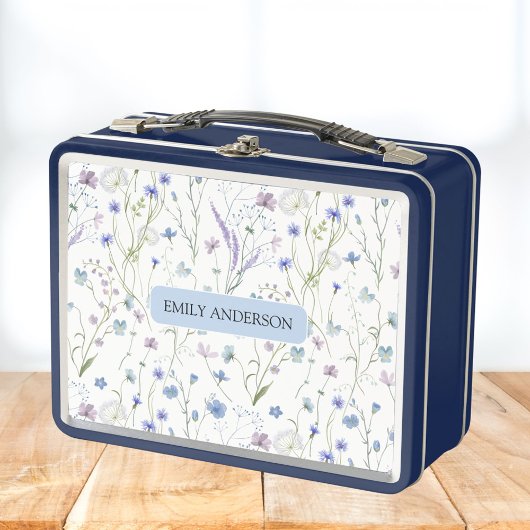 Lunch Box Monogramme bleu violet Fleur sauvage motif floral
