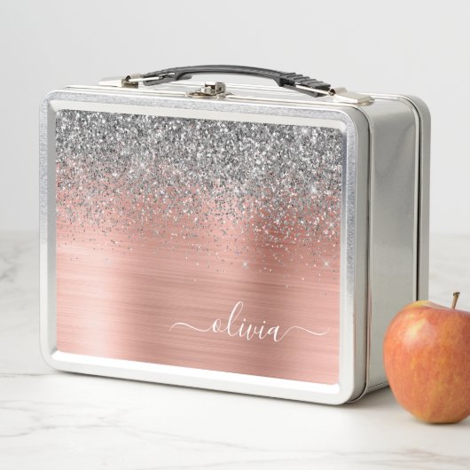 Lunch Box Monogramme de Parties scintillant d'argent en méta (En situation)