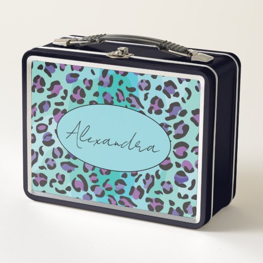 Lunch Box Monogramme Empreinte de léopard bleu et violet rét (Devant)