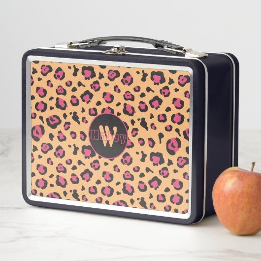 Lunch Box Monogramme Empreinte de léopard rose noir (En situation)