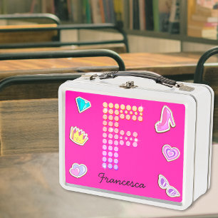 Lunch Box Monogramme F Lettre Rose Chaud Fille Retour À l'Éc
