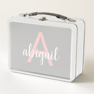Lunch Box Monogramme moderne rose pâle gris de la fille Nom