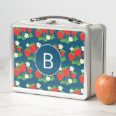 Lunch Box Monogramme motif bleu fraise et fleur (En situation)