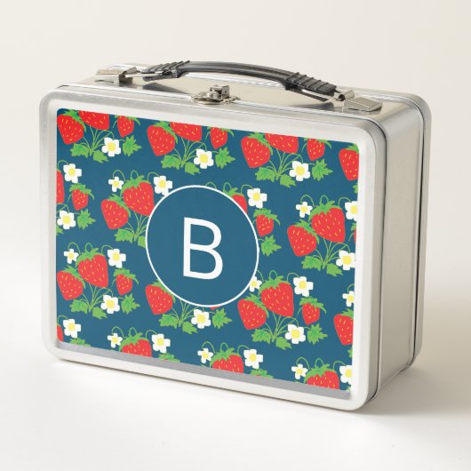 Lunch Box Monogramme motif bleu fraise et fleur (Devant)
