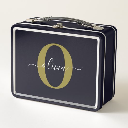 Lunch Box Monogramme personnalisé Nom du script Black White  (Devant)
