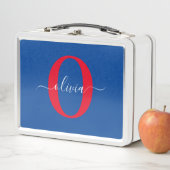 Lunch Box Monogramme personnalisé Nom du script Bleu Blanc R (En situation)