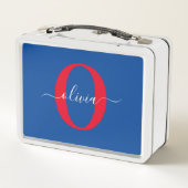 Lunch Box Monogramme personnalisé Nom du script Bleu Blanc R (Dos)