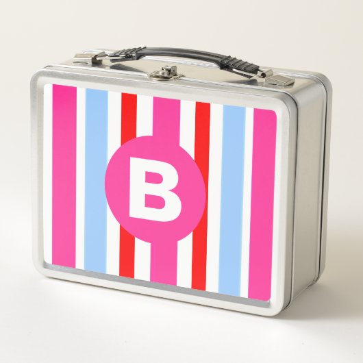 Lunch Box Monogramme rayures bonbons rose et bleu vif (Devant)