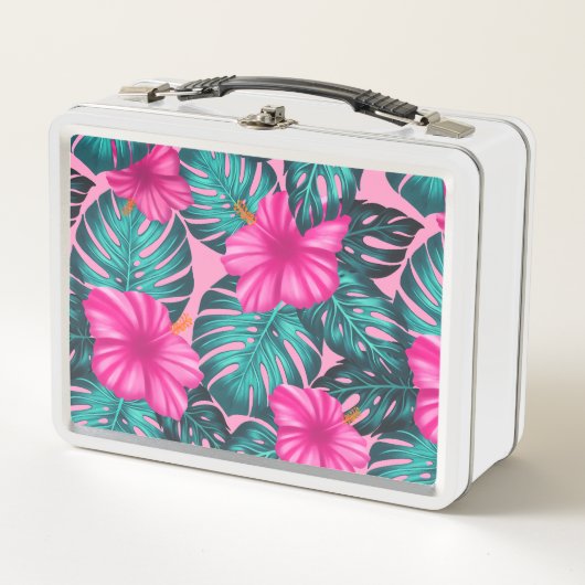 Lunch Box Monstera Feuilles et Hibiscus, Turquoise et rose (Devant)