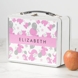 Lunch Box Motif Des Eléphants Roses, Étoiles, Votre Nom