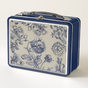 Lunch Box Motif floral botanique toile bleue vintage antique