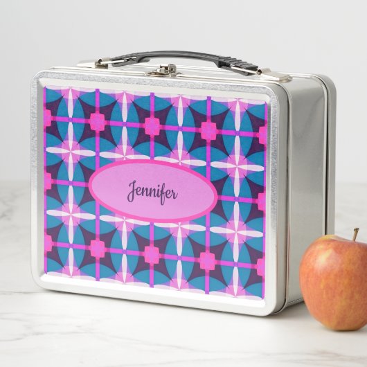 Lunch Box Motif géométrique rétro en rose, violet et bleu | (En situation)