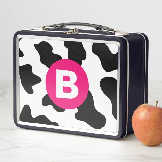 Lunch Box Motif vache fantaisiste rose monogramme (En situation)