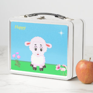 Lunch Box Mouton de dessin animé mignon et heureux, fleurs e