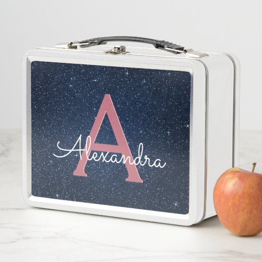Lunch Box Navy Blue & Rose Gold Sparkle Glitter Monogram (En situation)