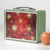 Lunch Box Noël Golden Snowflakes sur Arrière - plan rouge (En situation)