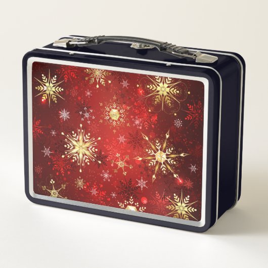 Lunch Box Noël Golden Snowflakes sur Arrière - plan rouge (Dos)