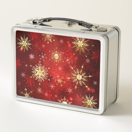 Lunch Box Noël Golden Snowflakes sur Arrière - plan rouge (Dos)