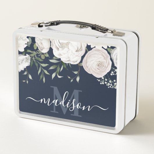 Lunch Box Nom floral bleu marine Monogramme (Dos)