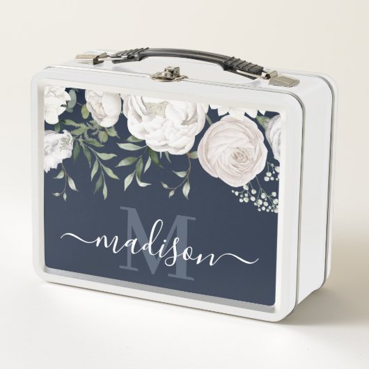 Lunch Box Nom floral bleu marine Monogramme (Devant)