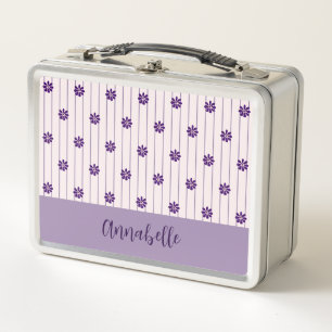 Lunch Box Nom Moderne Bleu & Bandes Violet Motif Floral