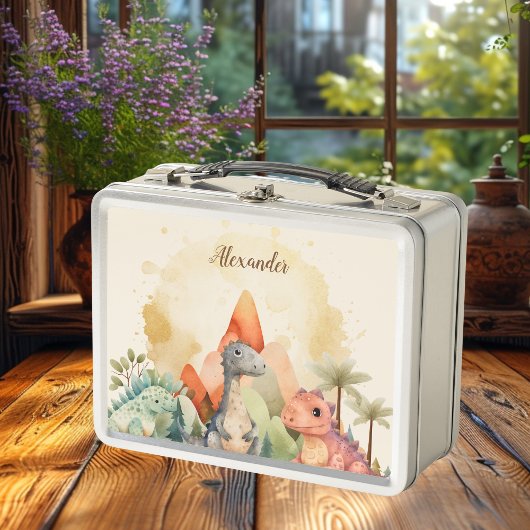 Lunch Box Nom personnalisé Cute Watercolor Dinosaur