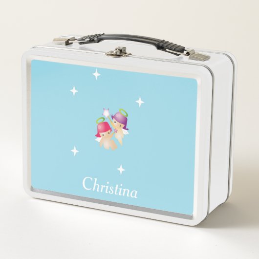 Lunch Box Nom personnalisé mignon anges sur bleu (Devant)