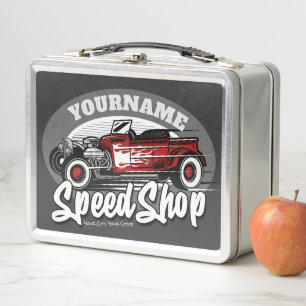 Lunch Box Nom personnalisé Red HotRod Roadster Speed Shop Ga