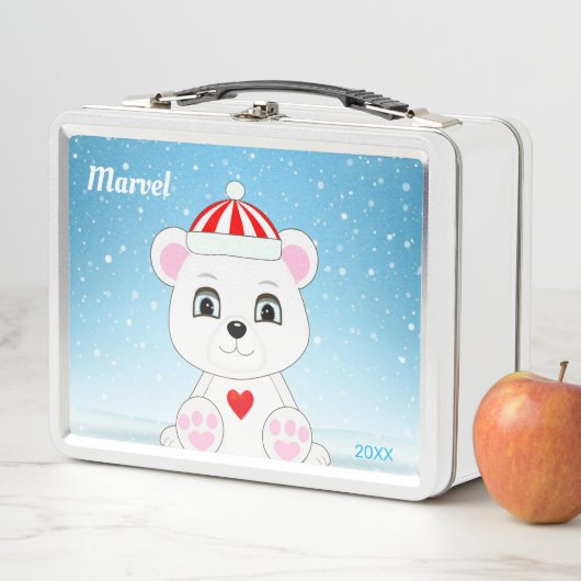 Lunch Box Ours polaire blanc mou sur bleu clair (En situation)